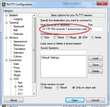 Enter name of the computer in PuTTY Host Name box